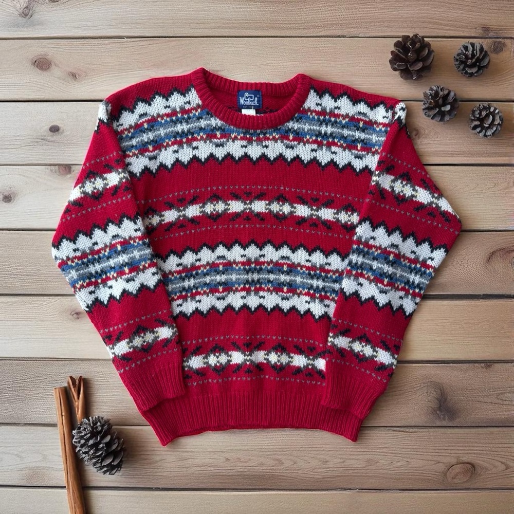 Woolrich Red and White Crewneck Sweater - Medium - 100% Wool